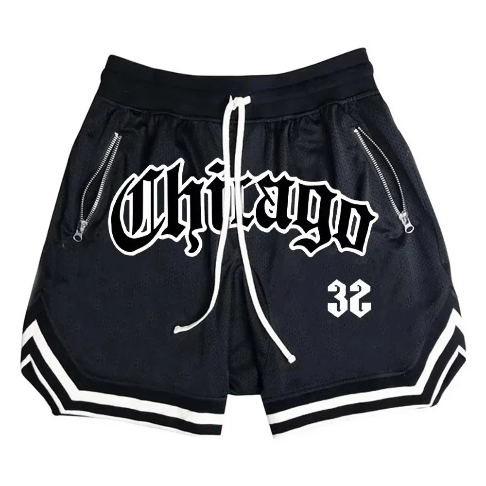 Chicago Basketball Shorts Men's Casual Sports Shorts Breathable Running Training Five Points PantsMesh Fitness Short Trousers