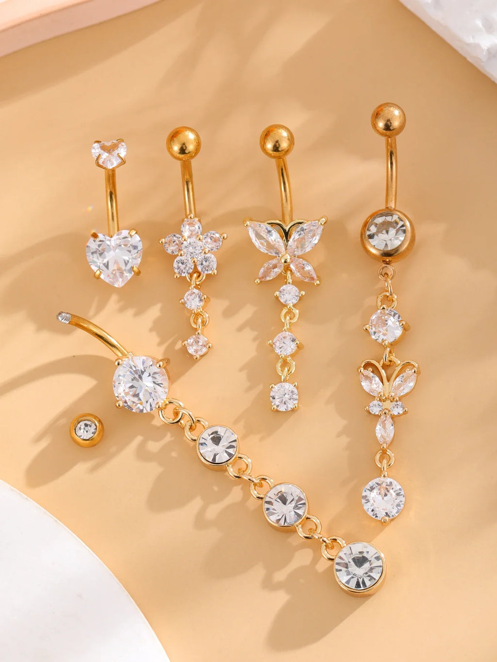 14G Gold Color Series Butterfly Dangled Belly Piercing Sets 5PCS/Lot Heart Flower Curved Navel Navel Ring Belly Button Rings