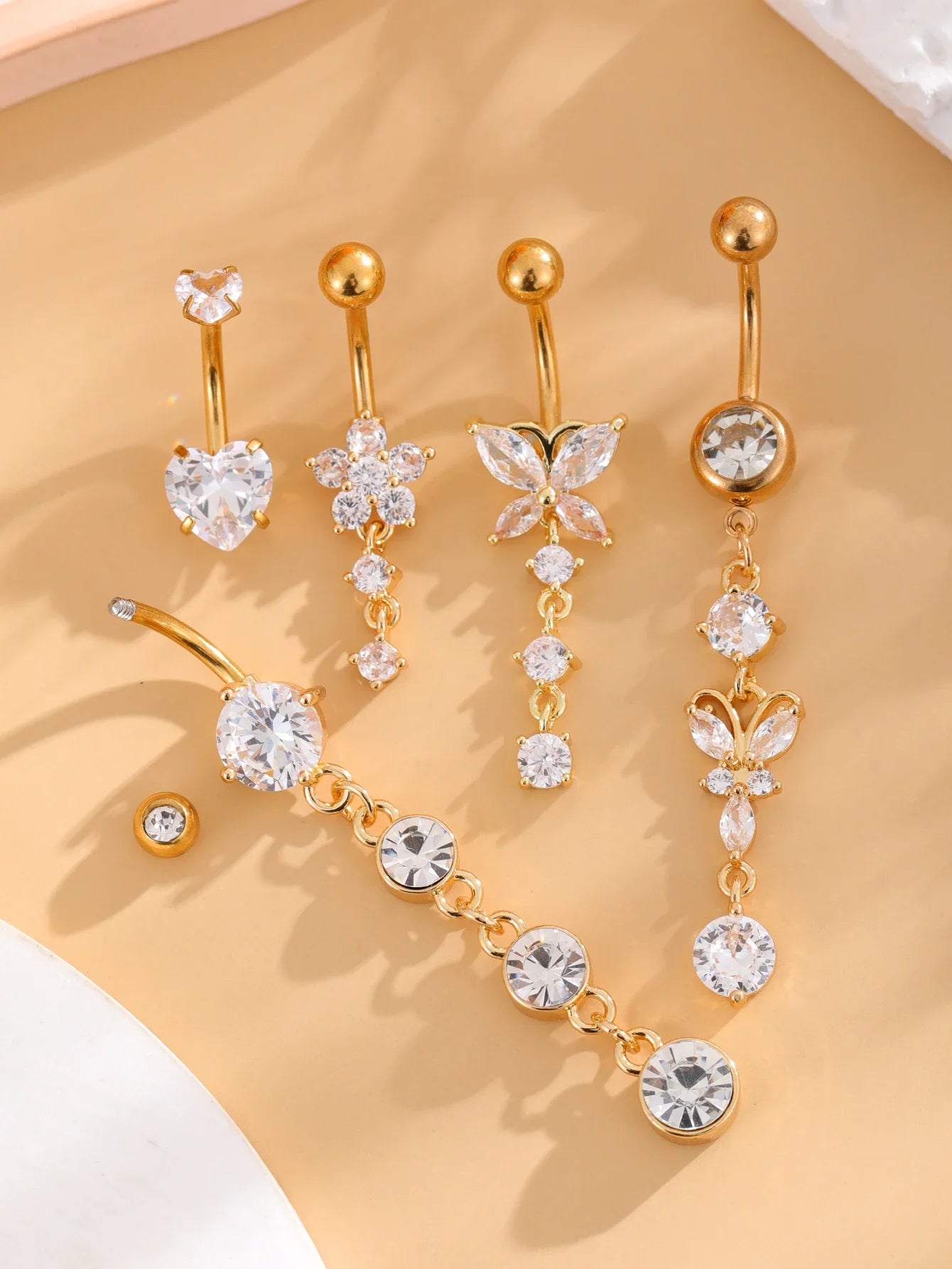 14G Gold Color Series Butterfly Dangled Belly Piercing Sets 5PCS/Lot Heart Flower Curved Navel Navel Ring Belly Button Rings