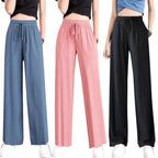 1pcs Summer Women Ice Silk Pant Female High Elastic Waist Drawstring Pocket Loose Straight Trousers Student Sports Straight Pant