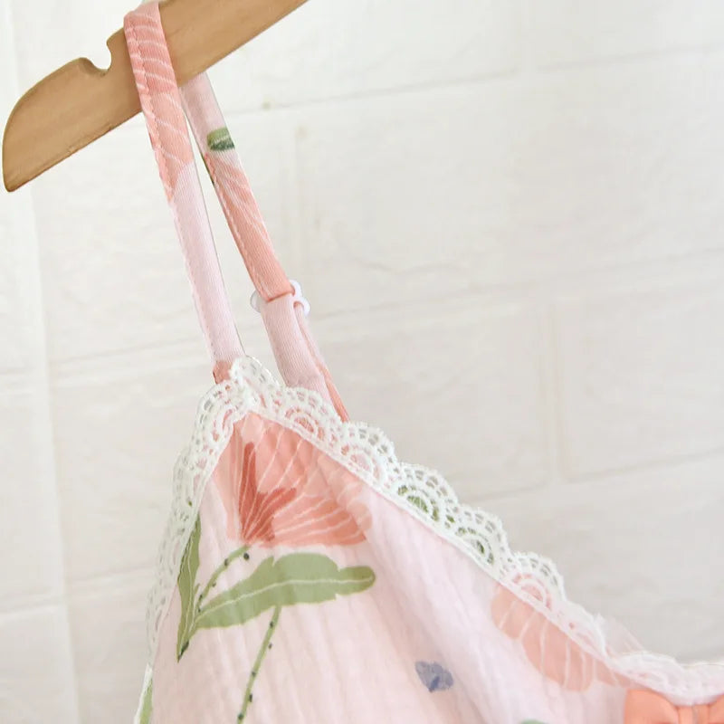 2025 New Summer Women's Pajama Set 100% Cotton Suspenders+Shorts with Chest Pads Two Piece Set of Ladies Flower Home Furnishings