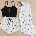 3pcs Women's Pajamas Heart-shaped Printed Vest Shorts And Pants Paired With Ribbed Fabric For Home Casual Women's Sleepwear Set