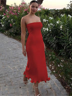 Dulzura Sleeveless Ruffles Patchwork Strapless Bodycon Midi Dress Women'S Solid Sexy Outfit Party Clubwear For Autumn Winter