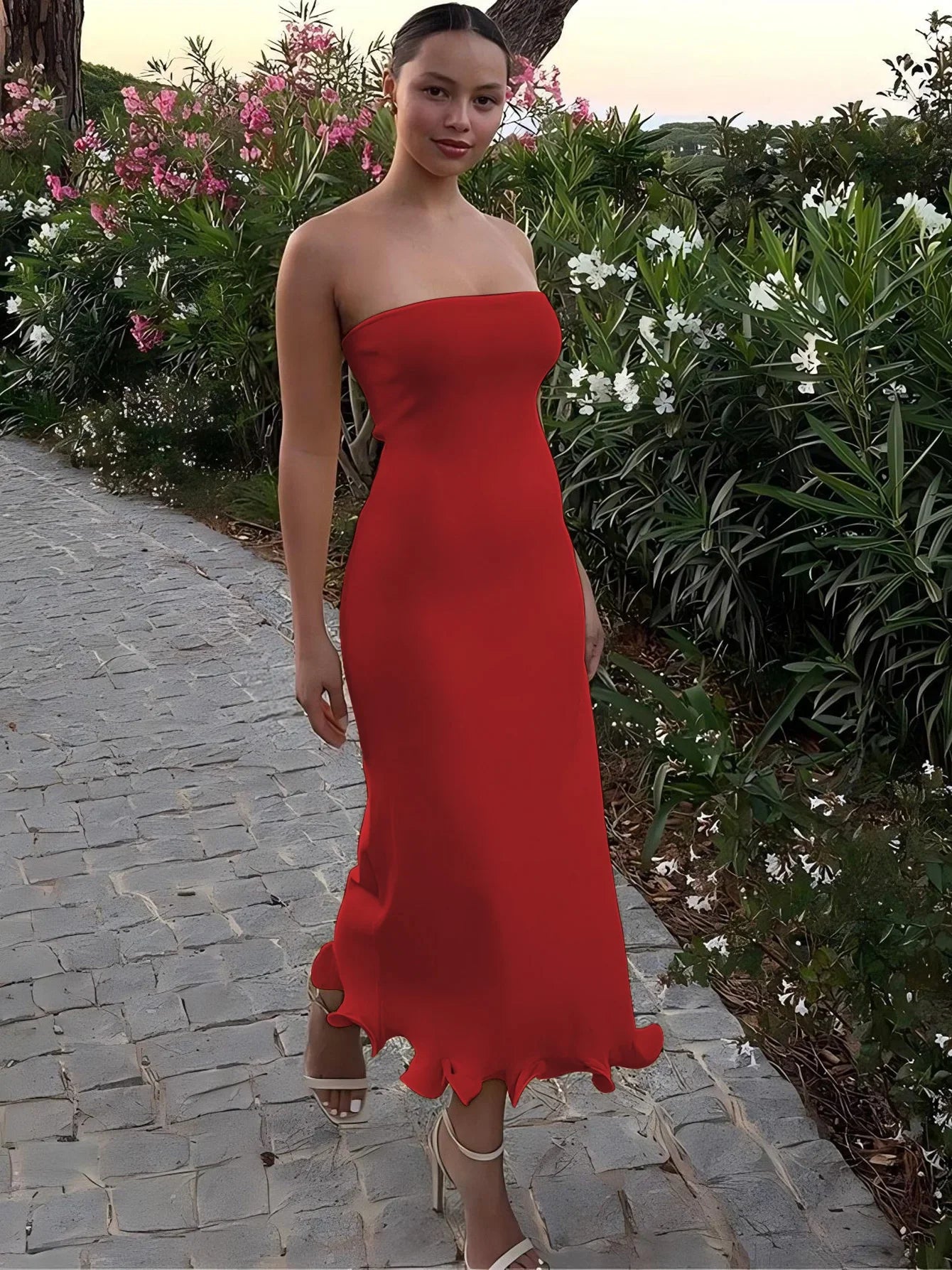 Dulzura Sleeveless Ruffles Patchwork Strapless Bodycon Midi Dress Women'S Solid Sexy Outfit Party Clubwear For Autumn Winter