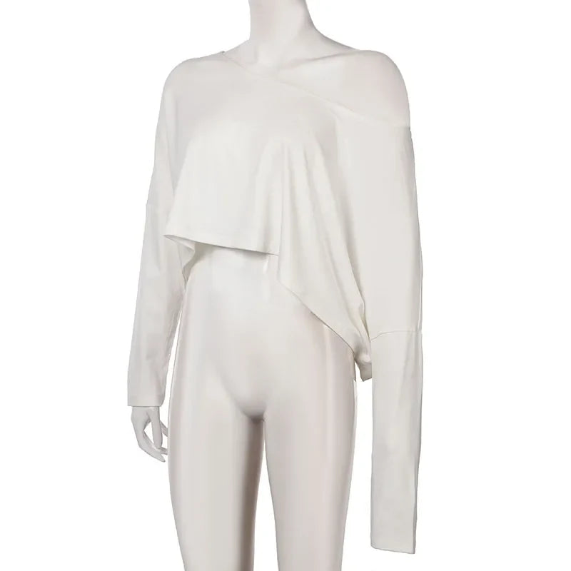 BIIKPIIK Casual Off Shoulder Solid Knitted Tops Concise Skew Collar Long Sleeve Autumn Tees For Women Sporty Irregular T-shirts