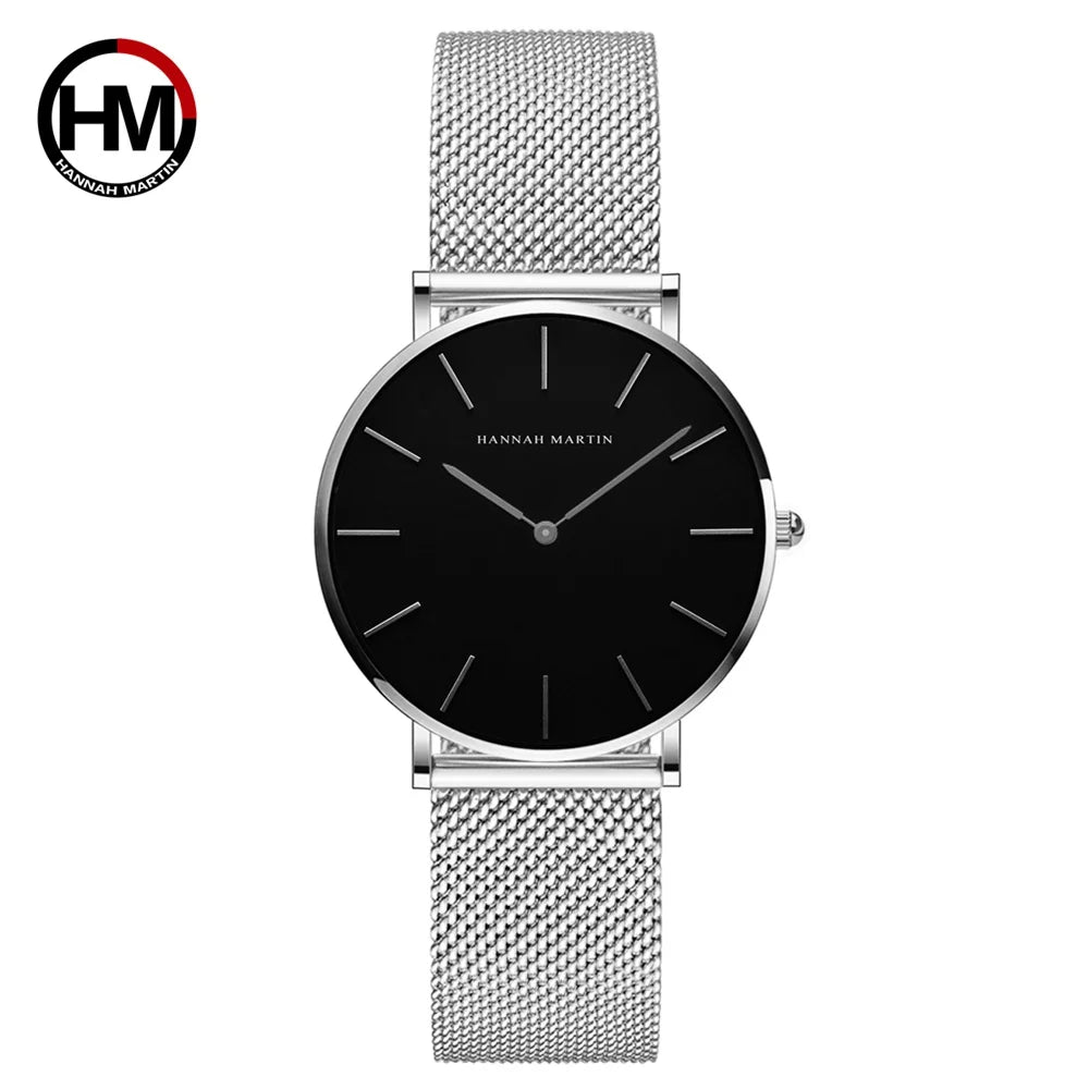 HANNAH MARTIN Brand Classic Women Quartz Watch 36mm Rose Gold Stainless Steel Mesh Strap Japanese Movement Girl Gift Wrist Watch