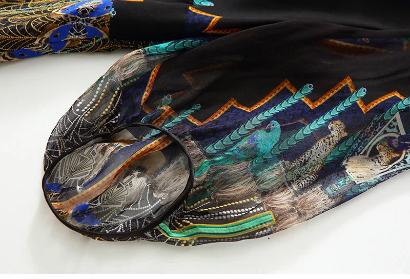 2025 Summer Bohemian Dresses For Women Elegant V-neck High Waist Women's Print Black Dress A-line 100% Real Silk Long Midi Dress