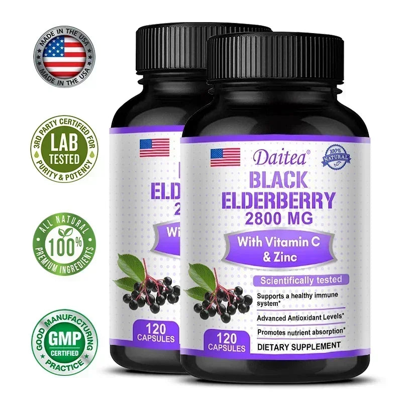 Black Elderberry 2800 Mg - with Vitamin C and Zinc, Immune System Support, Antioxidant Supplement, Skin Health Benefits