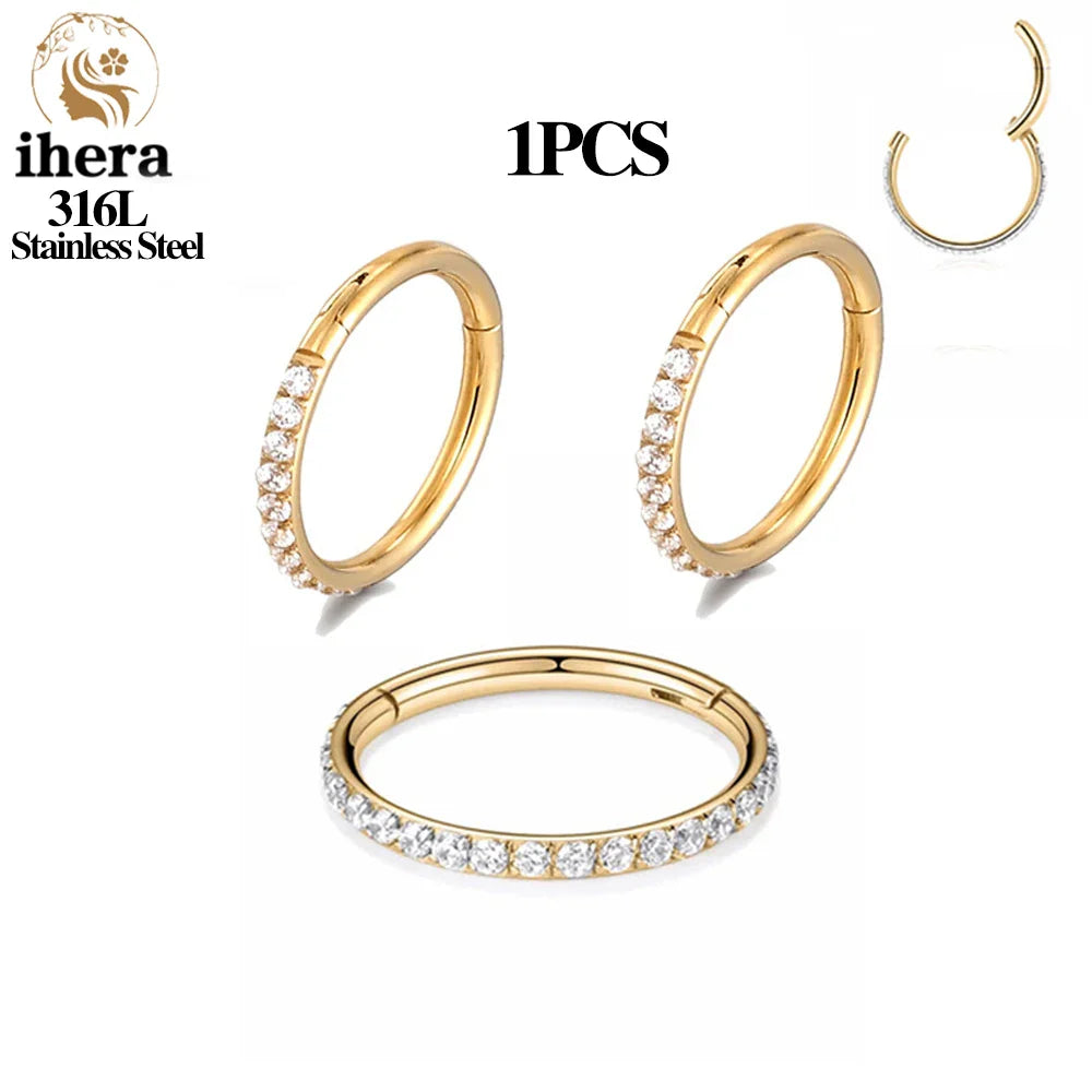 316L Stainless Steel Zircon CZ Hinged Segment Nose Septum Clicker Ring Round Earrings Hoops Ear Tragus Helix Piercing Jewelry