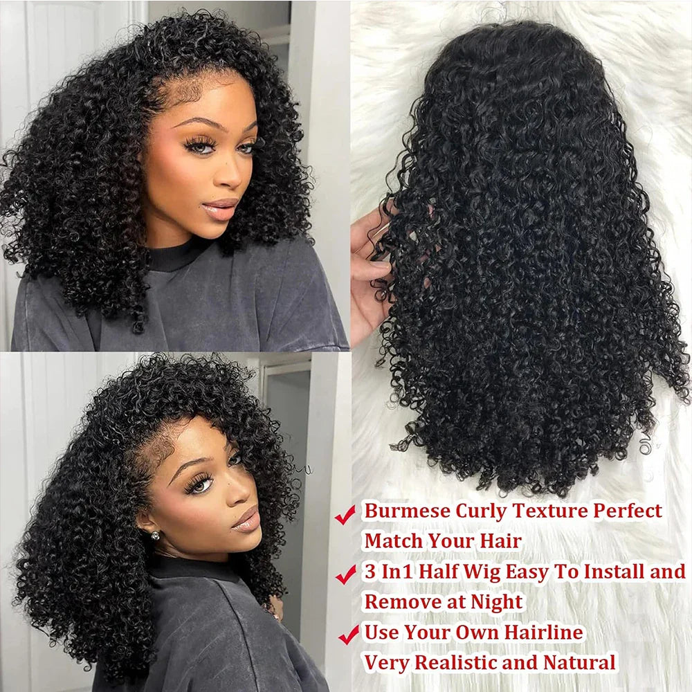 Deep Curly Half Wig Human Hair Glueless Wig Human Hair Ready to Wear 3 IN 1 Half Wig Drawstring Jerry Curly Glueless Half Wig