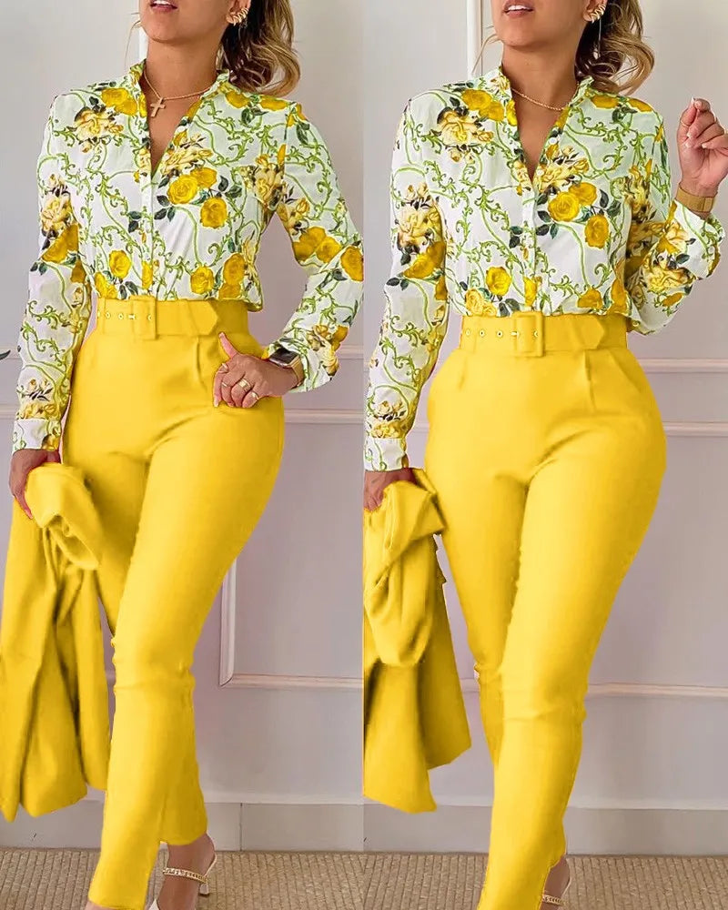 Autumn Winter Stand Neck Floral Print Long Sleeve Shirt Pants Two Piece Sets Elegant Women Casual Shirt Trousers Suits With Belt