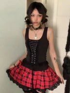 2025 Streetwear Lace Patchwork Tank Tops Women Y2k Aesthetic Halter Crop Top Sweet Bandage Off Shoulder Cross Drawstring Tanks