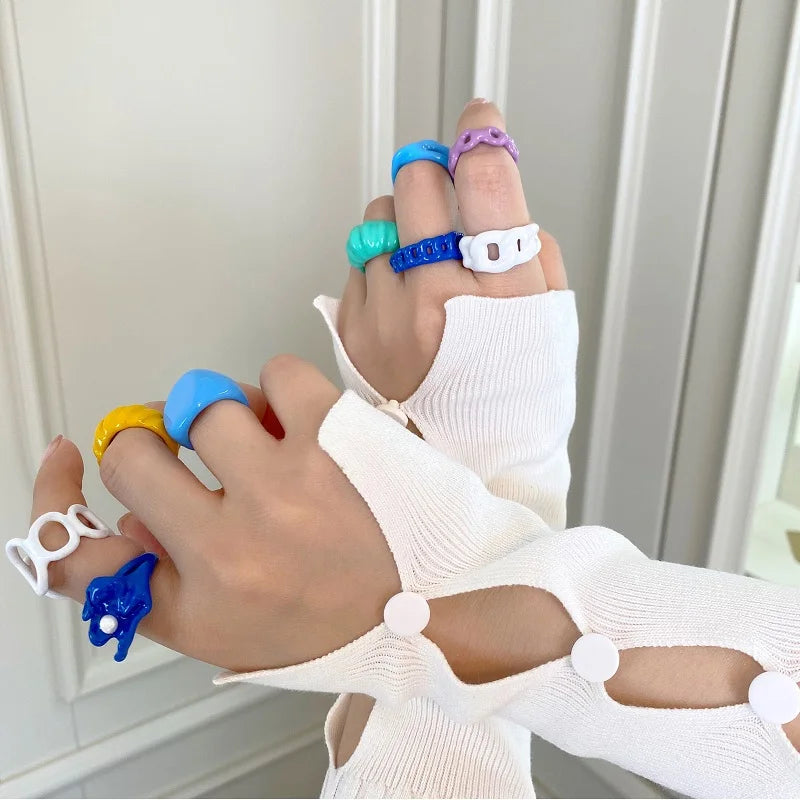 2022 Summer Colorful Ring Set Wholesale Fashion Geometric Chain Candy Color Irregular Opening Rings Women Party Finger Jewelry