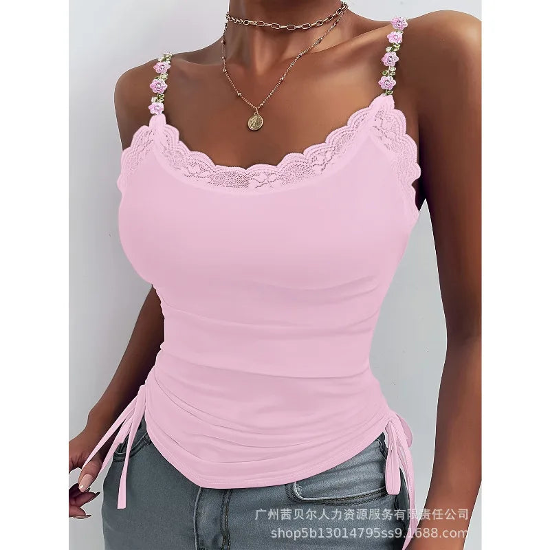 2024 Spring Summer New Vest Top Women's Closing Solid Color Slim Top Women Sexy Lace Stitching Three-Dimensional Decoration Vest
