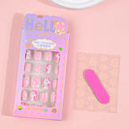 24Pcs Children Cartoon Nail Tips Colorful Cute Rabbit Pink Stars 6-14 Years old Girl Fake Nail With Jelly Glue Kids False Nail