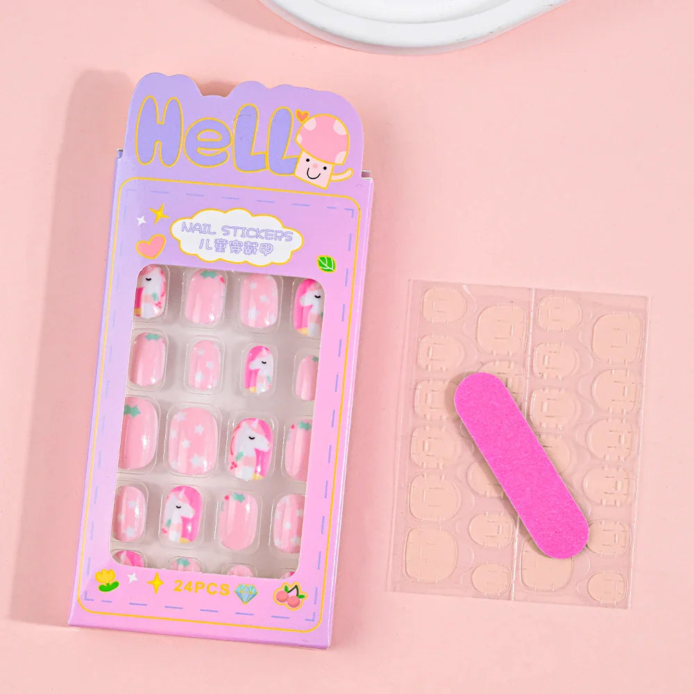 24Pcs Children Cartoon Nail Tips Colorful Cute Rabbit Pink Stars 6-14 Years old Girl Fake Nail With Jelly Glue Kids False Nail