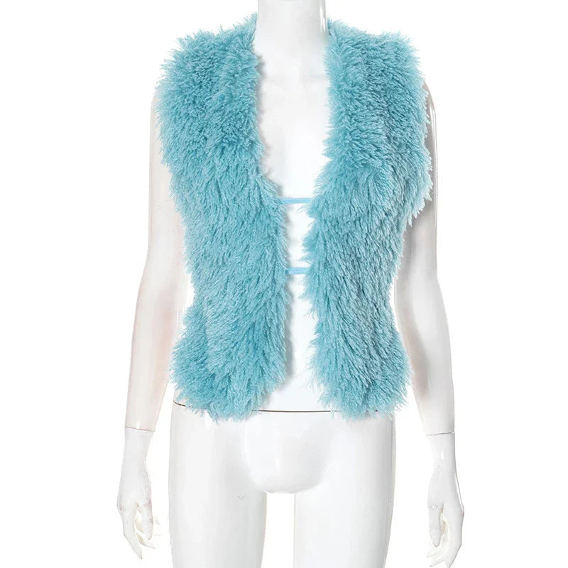 BKLD Sexy Temperament Fluffy Tops For Women High Street Y2K Nightclub Outfits Faux Fur Backless Lacing Solid 2025 Vest Waistcoat