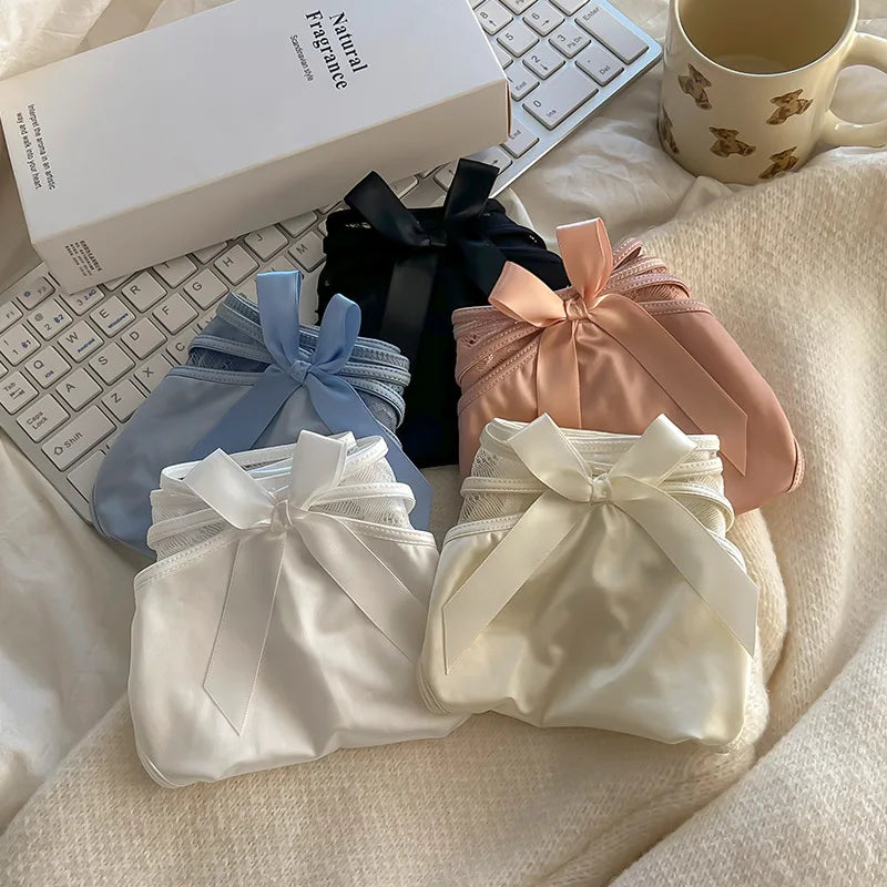 5Pcs Silk underwear, Women's intimate  sexy lovely soft ﻿comfortable bowknot silk  light  thin triangular pants lace splicing
