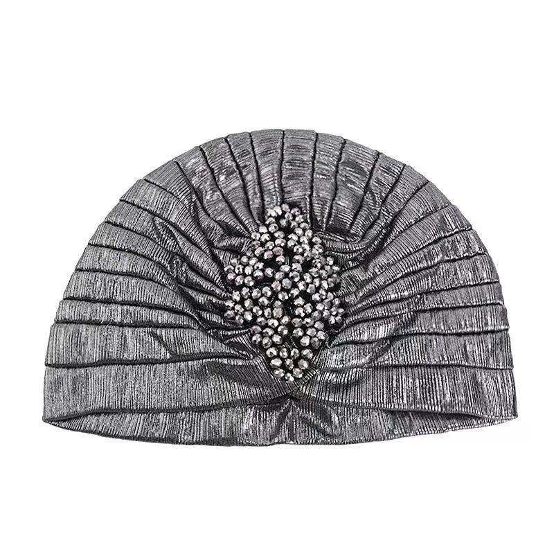 Ethnic Gathered Headscarf with Clover Crystal Gold Foil Print Fashion Hair Cover for Women Hijab Head Wrap Accessory