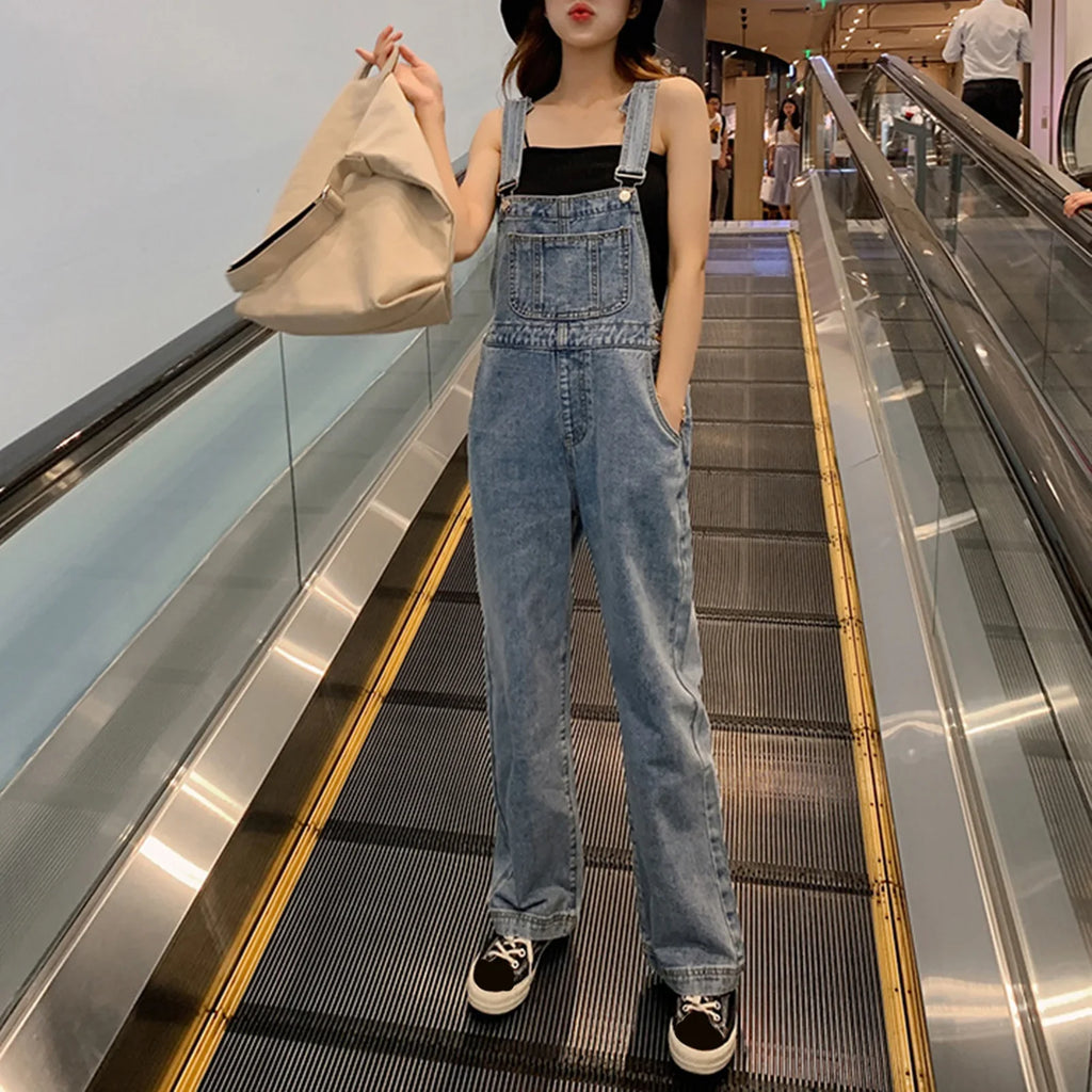 Denim Jumpsuit Summer Women Vintage Preppy Style Pockets Loose Fit High Waist Wide Leg Overalls Streetwear Straight Jeans