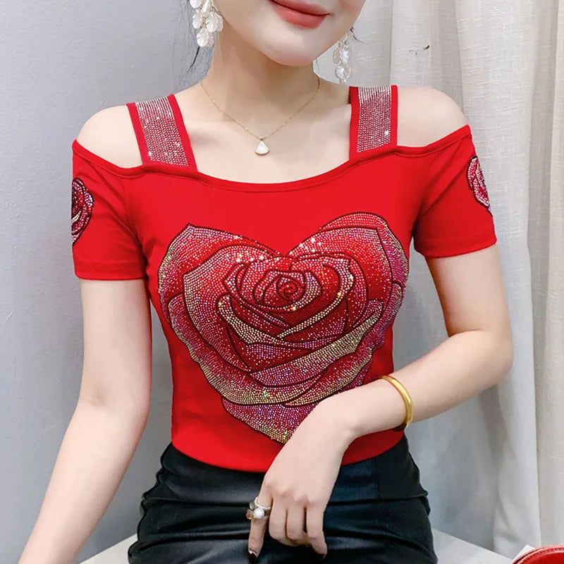 Aoxison Summer Short Sleeved Women's T-Shirt Elegant Slim Shiny Love Heart Diamonds Mesh Tops Chic Girl Sexy Off Shoulder Tees