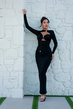 Articat Sexy Hollow Out Long Sleeved Elastic Tight Dress Women Pleats Double Layered Female Vestidos Elegant Party Evening Dress