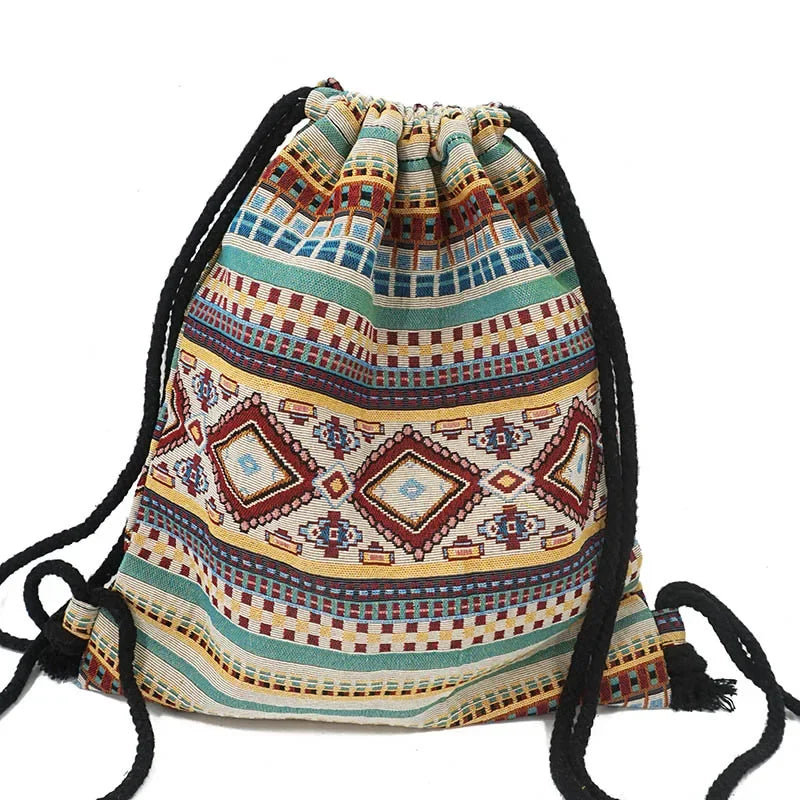 2025 Women Fabric Backpack Female Gypsy Bohemian Boho Chic Aztec Ibiza Tribal Ethnic Cottage Soft Brown Drawstring Rucksack Bags