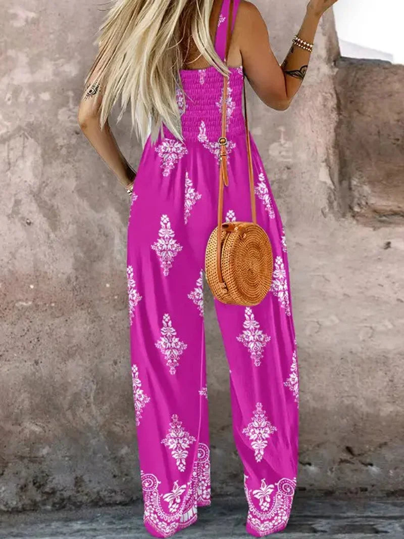 2025 Summer Female Jumpsuits with Pockets Fashion Printing Wide Legs High Waist Women's Rompers Sleeveless Strap Pants Trousers