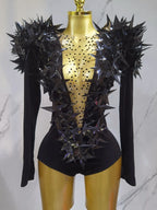 2025 New Shiny Black Rhinestone Velvet Long Sleeve Bodysuit Women Evening Party Club Gala Hosts NightClub Bar Stage Costumes