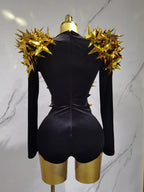 2025 New Shiny Black Rhinestone Velvet Long Sleeve Bodysuit Women Evening Party Club Gala Hosts NightClub Bar Stage Costumes