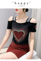Aoxison Summer Short Sleeved Women's T-Shirt Elegant Slim Shiny Love Heart Diamonds Mesh Tops Chic Girl Sexy Off Shoulder Tees