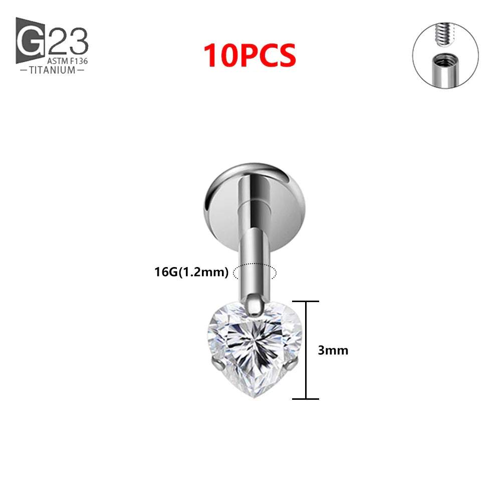 1/10PCS ASTM F136 Titanium 16G Heart CZ Threaded Labret 3mm/4mm CZ Cartilage Tragus Helix Nose Stud Piercing Jewelry