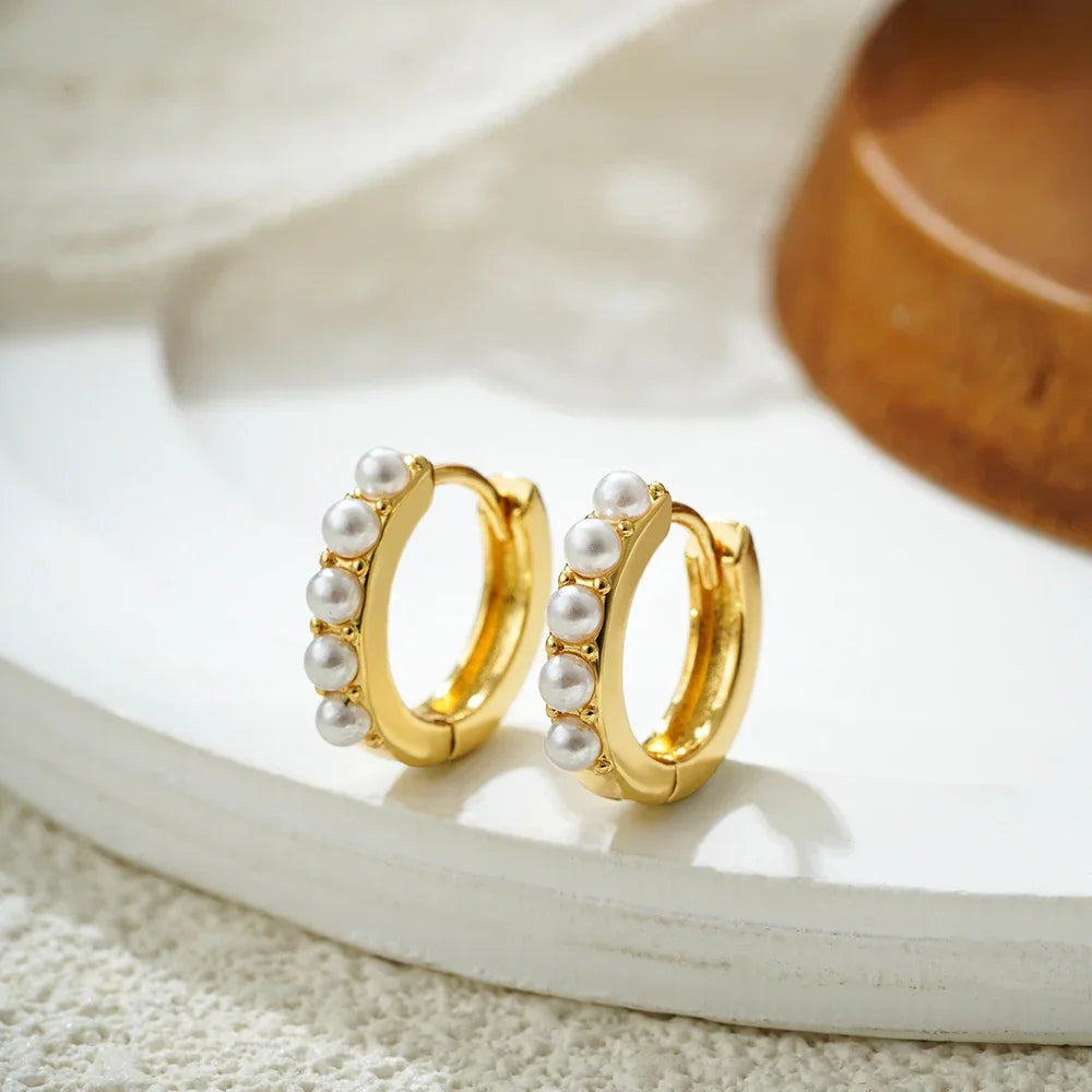 2 Pair/Set Fashion Stainless Steel Imitation Pearls Dangle Hoop Earrings for Women Dainty 18k Gold Plated Hoops Vintage Jewelry