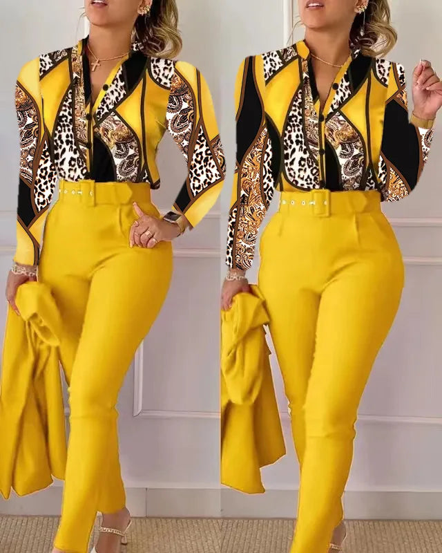 Elegant Women Printed Two Piece Suit Sets Spring Autumn V Neck Long Sleeve Shirt Top & Long Pants Set With Belt Workwear Outfits