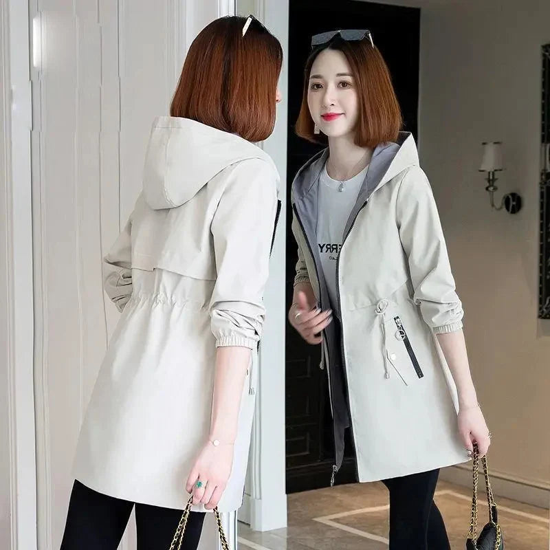 Double-Sided Trench Coat Women 2023New Fashion Spring Autumn Clothes Hooded Mid-Length Windbreakers Female Outerwear Casual Tops