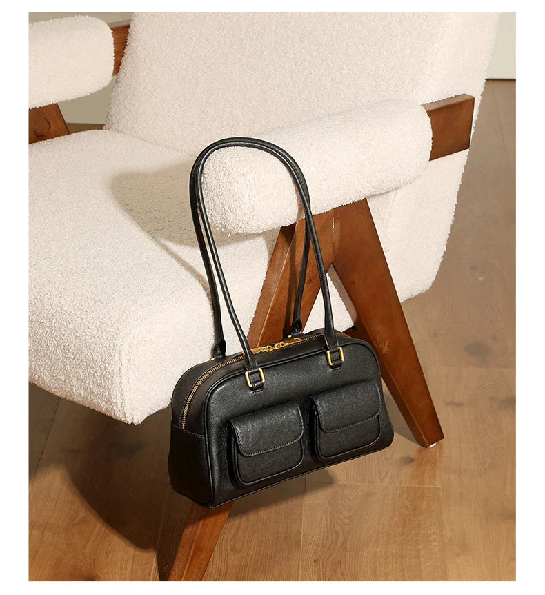 Burminsa Cowhide Genuine Leather Underarm Shoulder Bags For Women 2025 Luxury Designer Korean Bowling Tote Work Ladies Handbags