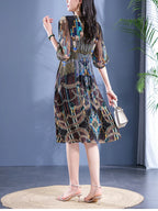 2025 Summer Bohemian Dresses For Women Elegant V-neck High Waist Women's Print Black Dress A-line 100% Real Silk Long Midi Dress