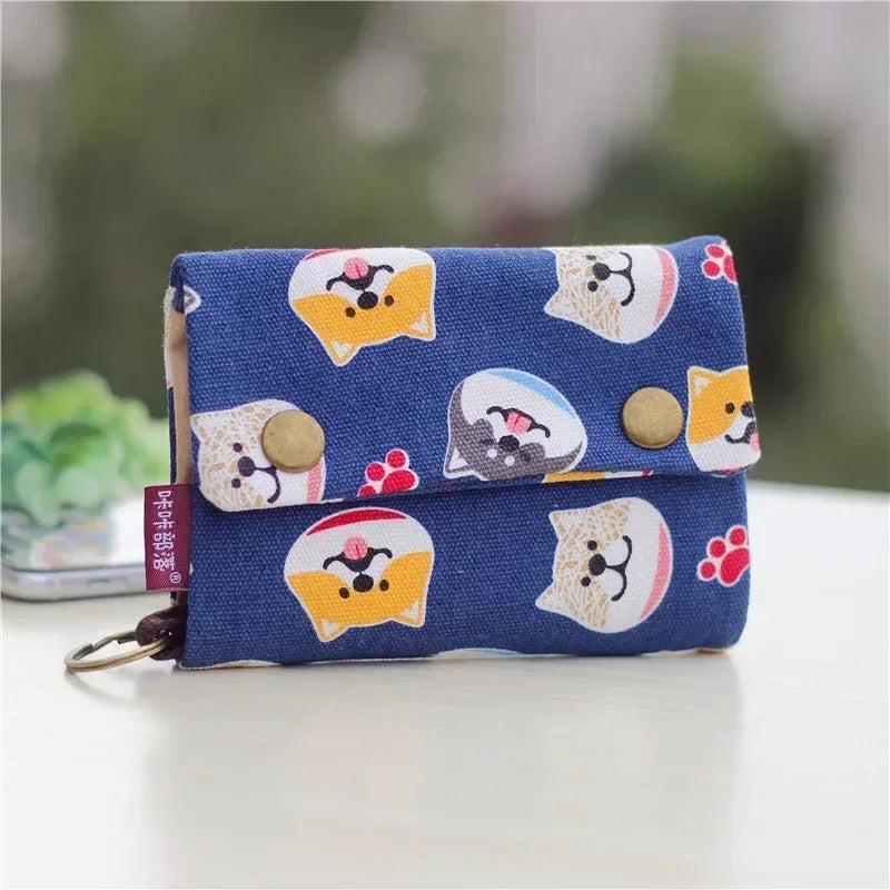 1pcs New Canvas Cartoon Totoro Cat Printed Flower Dog Women Short Wallet Cute Mini Money Key Bag Coin Pocket Purse for Children