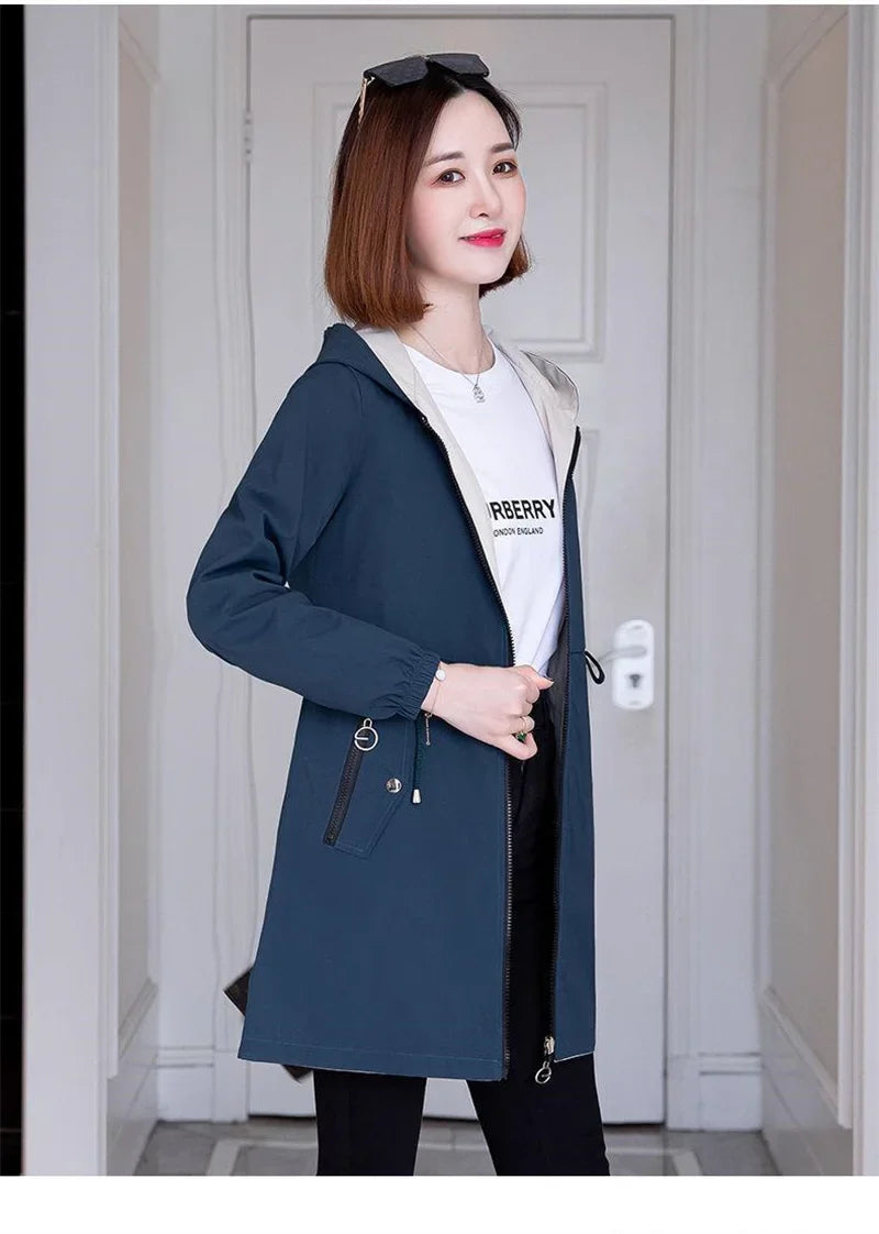 Double-Sided Trench Coat Women 2023New Fashion Spring Autumn Clothes Hooded Mid-Length Windbreakers Female Outerwear Casual Tops