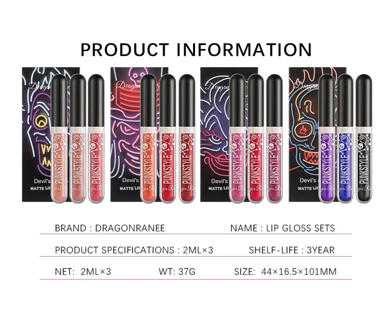 3pcs Glitter Lipstick Set Waterproof Sexy Blue Purple Black Lip Gloss Shiny Lip Tint Halloween Lip Makeup Tool Korean Cosmetics