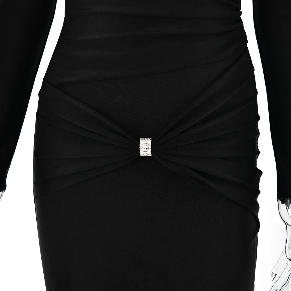 Articat Sexy Hollow Out Long Sleeved Elastic Tight Dress Women Pleats Double Layered Female Vestidos Elegant Party Evening Dress