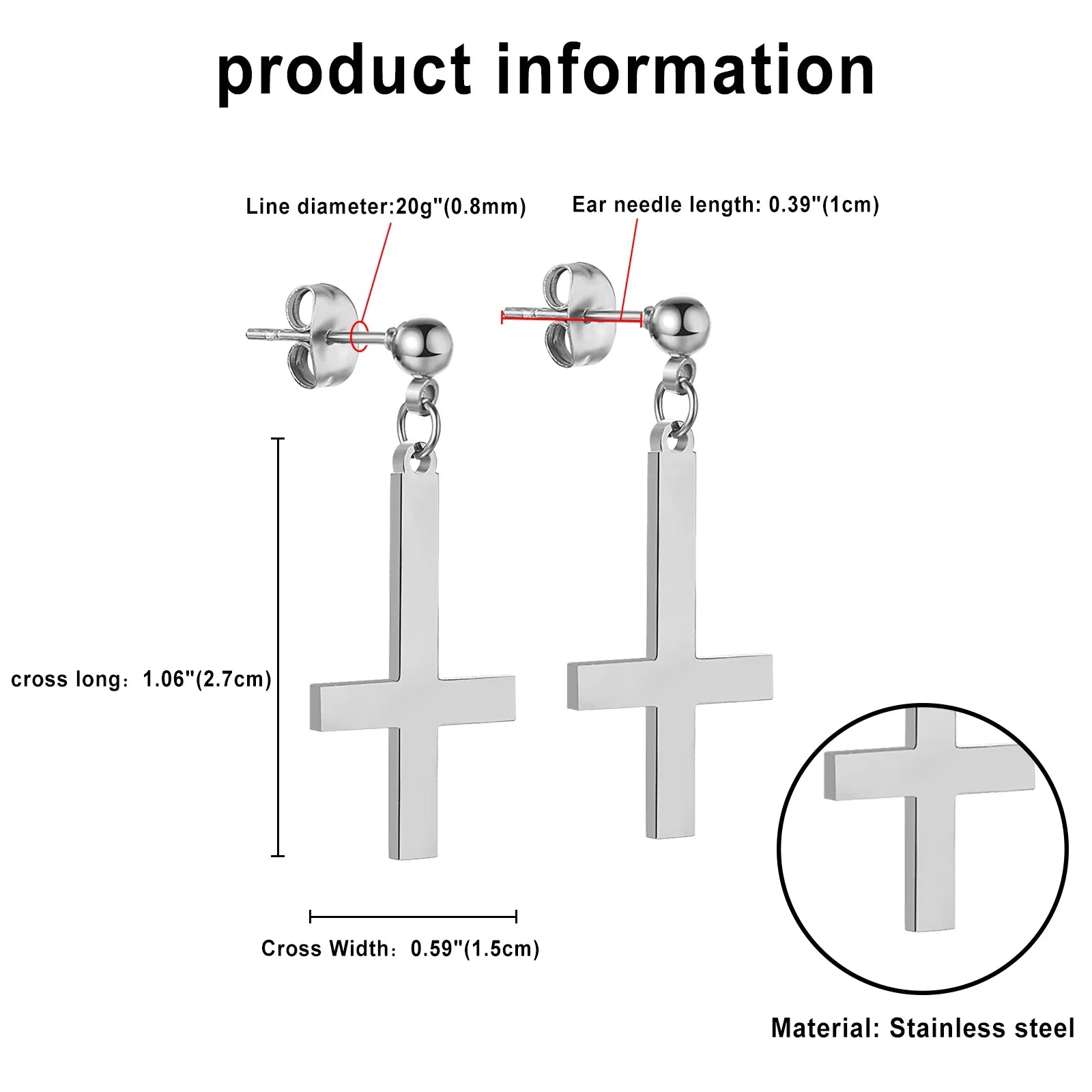 BONISKISS Men Women Stainless Steel Inverted Upside Down Cross Earring Church of Satan Temple Occult Satanic Witchy Stud Jewelry