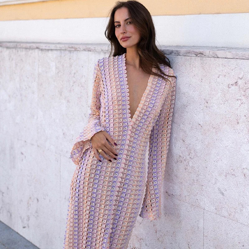 Crochet Colorful Stripe Flare Sleeve Maxi Dress Women V-neck High Split Sexy Lace Long Dresses 2024 New Beach Banquet Vestidos