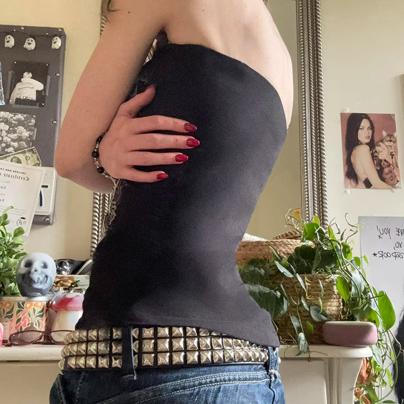 CIBBAR Gothic Print Black Tube Top Women Strapless Skinny Cropped Tops Summer Casual Chic Graphic Tees y2k Streetwear Vest Basic