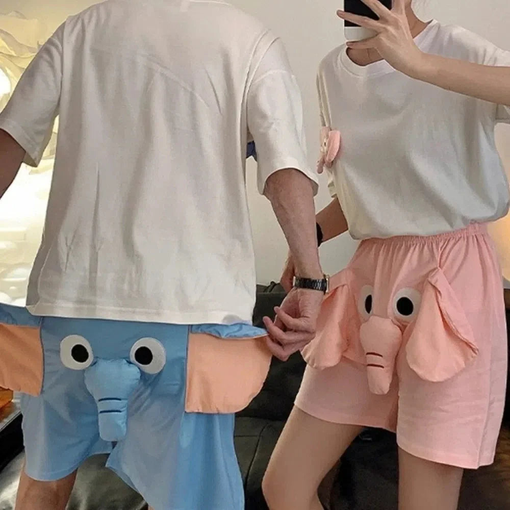 Cartoon 3D Ears Elephant Trunk Pajamas Nose Loose Short Sleeve Sleepwear Funny Couple Pajamas Suit Gifts
