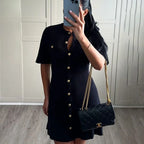 Elegant White Knitted Mini Dress Women Sexy Slim Fit Ribbed Knit Dress Metal Button Short Sleeve Holiday Party Mini Dress