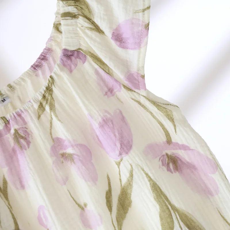 2025 Women's New Summer Pajama Set 100% Cotton Crepe Vest+Shorts Two Piece Loose Home Clothing Set Sleepwear Ladies