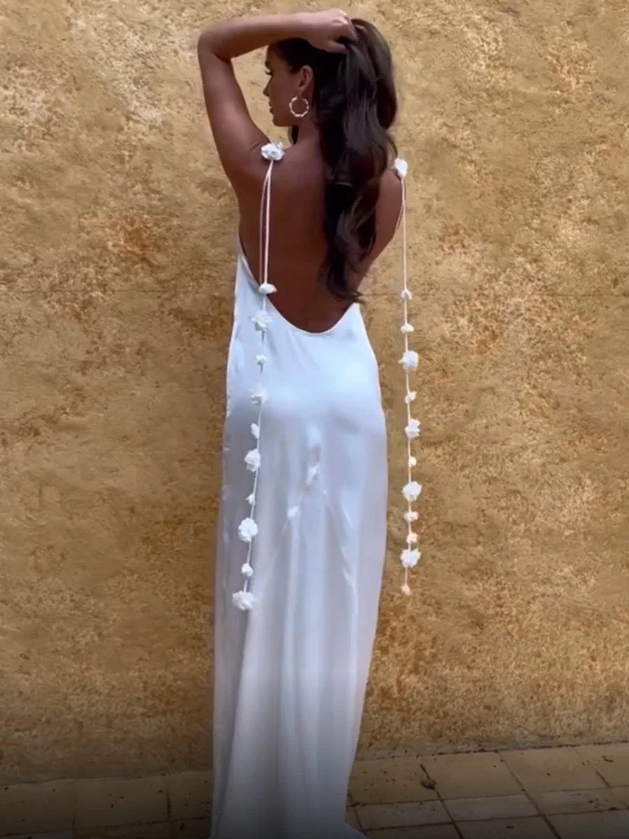 Combhasaki Women's Vintage Solid Color Flower Tassel Backless Sleeveless Summer Party Club Satin Maxi Long Bodycon Sling Dress