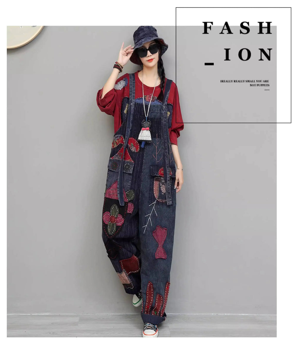 Hand Embroidery Old Cloth Patchwork Wide Leg Strap Long Pants Women Autumn Loose High Waist Jumpsuit LX4343