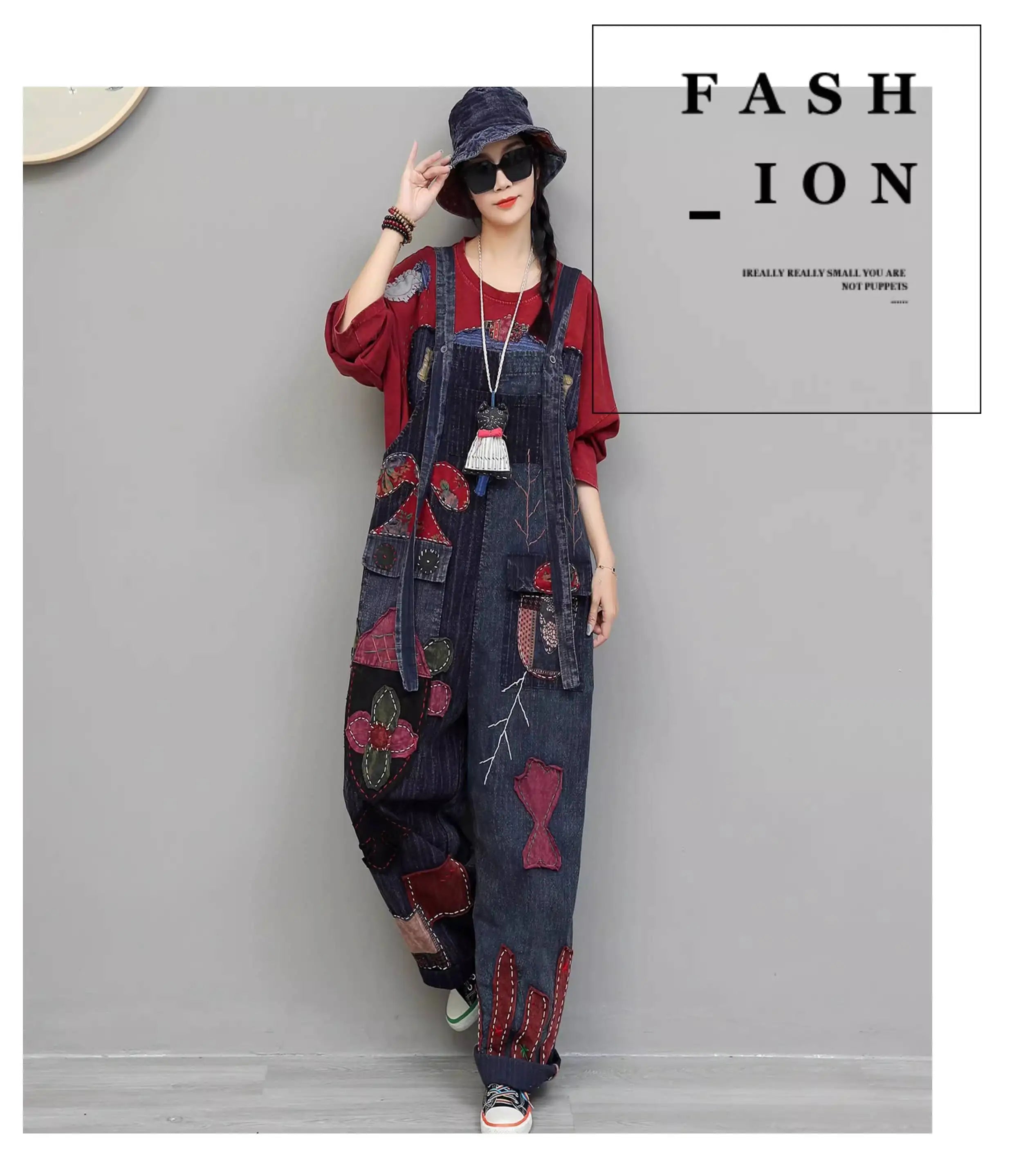 Hand Embroidery Old Cloth Patchwork Wide Leg Strap Long Pants Women Autumn Loose High Waist Jumpsuit LX4343